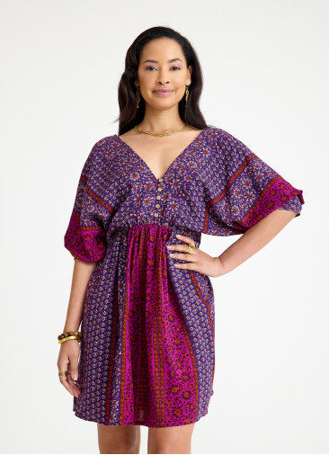 V Neck Elastic Waist Backless Purple Flower Dress 4566